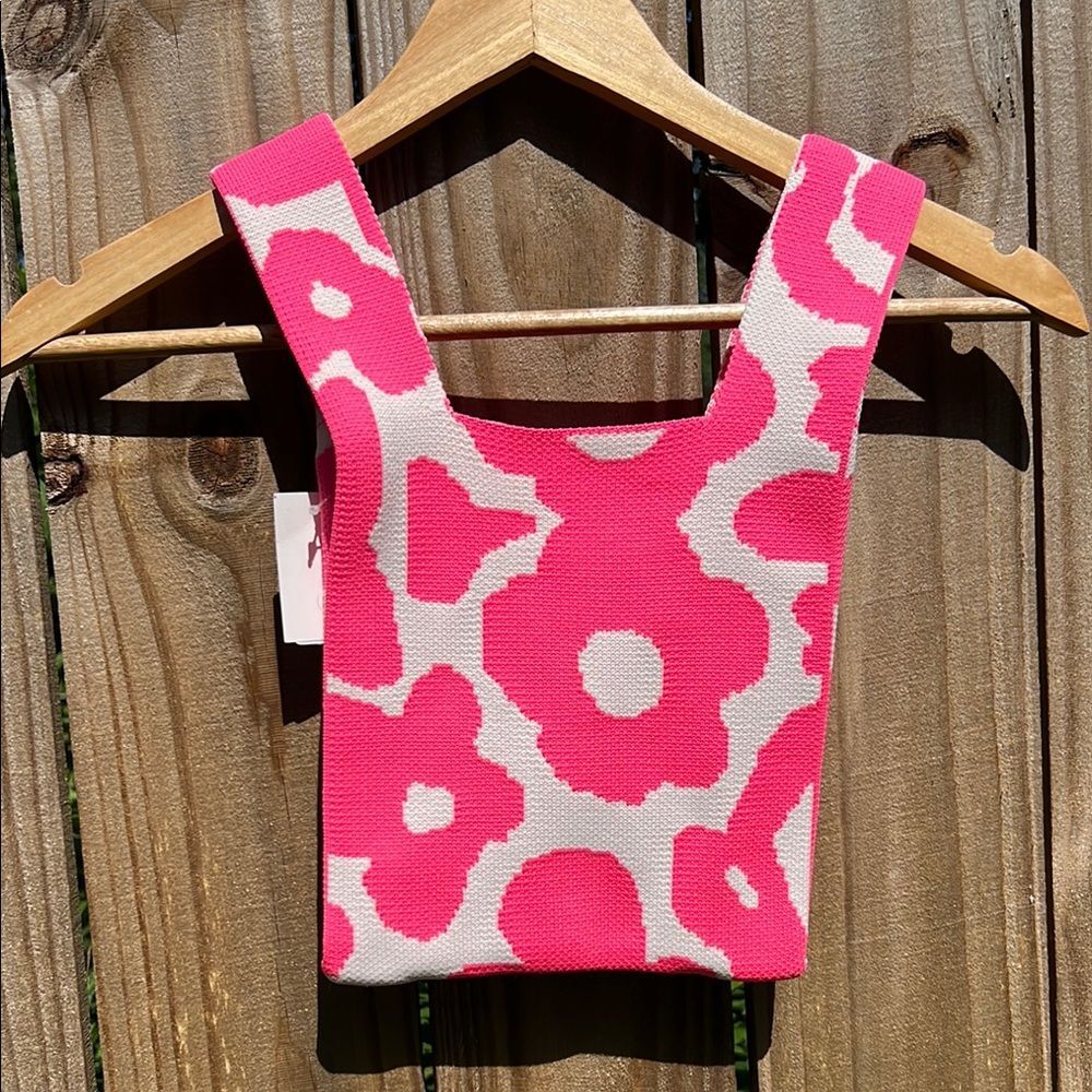 New Pink White Floral Knit Mini Tote Bag Flower Wristlet Pouch NWT Y2K Festival - Picture 7 of 7